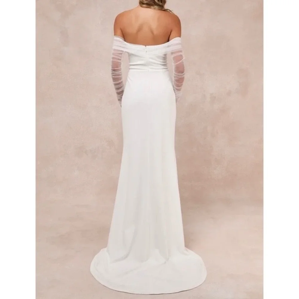 NWT Lulus Beautifully Beloved White Mesh Off-the-Shoulder Maxi Dress‎ Wedding S